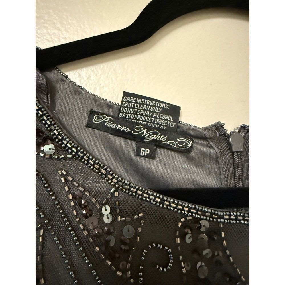 Pisarro Nights Gray Beaded Sequin Gown 3/4 Sleeve Formal Maxi Dress - Picture 7 of 14